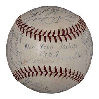 1957 New York Yankees Team Signed OAL Harridge Baseball With 25 Signatures Including Mantle, Berra and Ford (PSA/DNA)